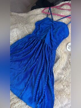 Royal Blue Pleated Midi Dress with Spaghetti Straps